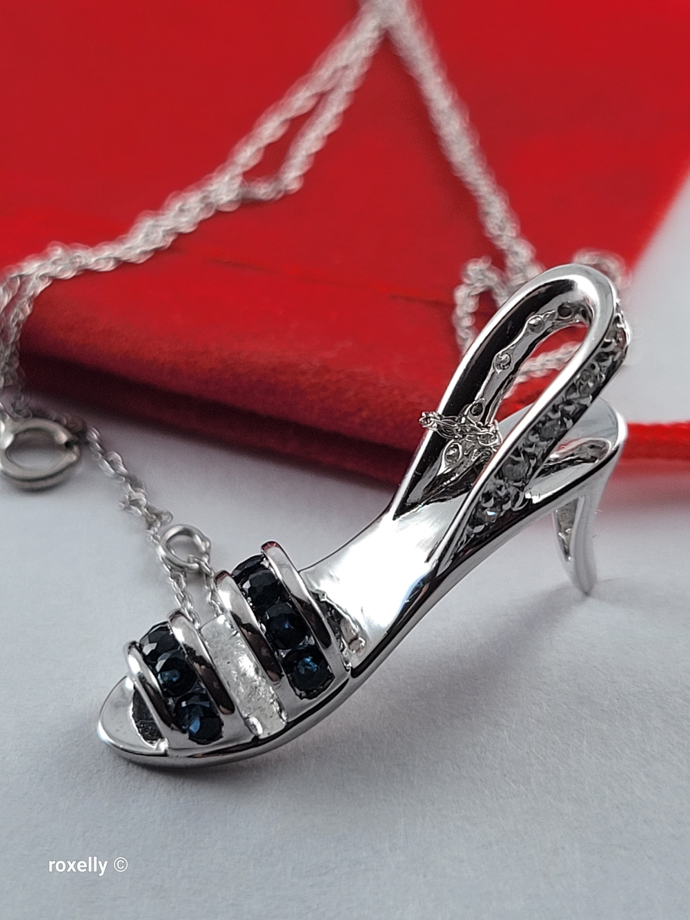 14K White Gold Necklace with High-Heel Sandal Pendant, Diamond & Blue Sapphire